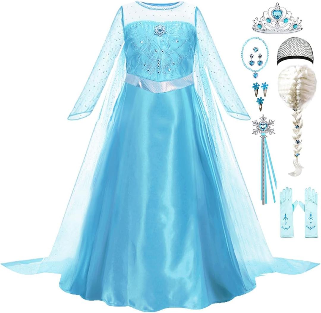 Elsa Dress for Girls Toddler Snow Princess Costume Blue with Wig Halloween Birthday Party Dress Up Outfits (6-7Y)