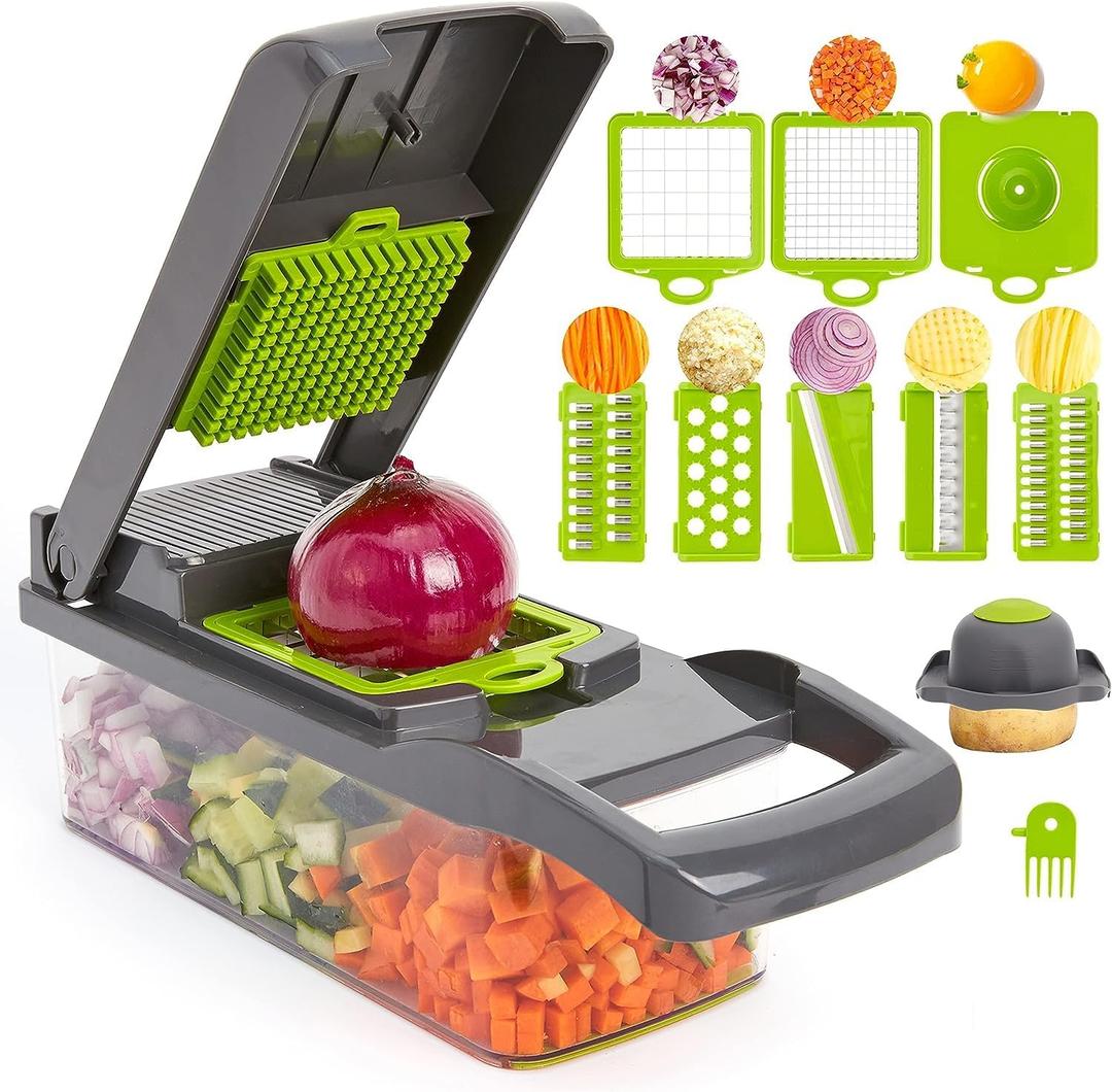 15-in-1 Vegetable Chopper Efficiently Slice and Dice Veggies with 8 Different Blades, Includes Onion Chopper, Spacious Design for Potatoes, Tomatoes, Cucumbers, and Carrots, User-Friendly Safe Design