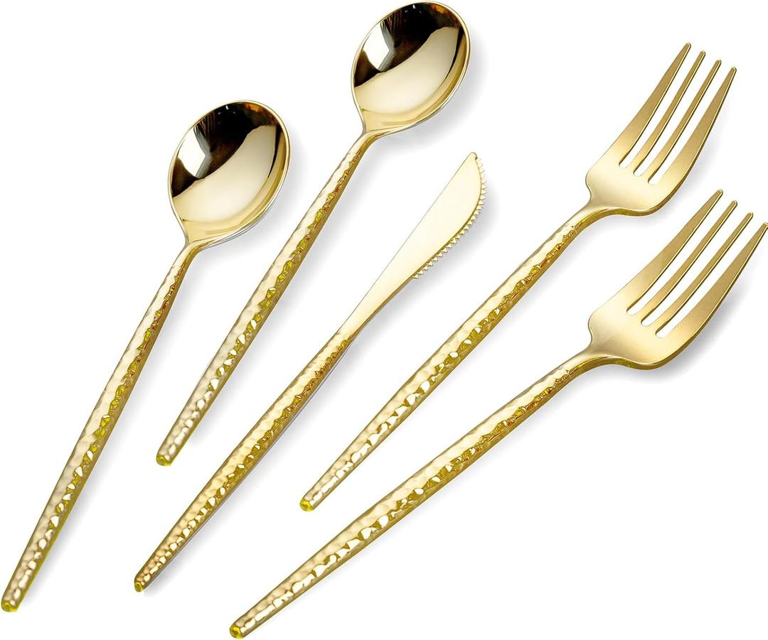 SUT 150 PCS Gold Plastic Silverware, Gold Disposable Utensils, Plastic Silverware Heavy Duty, Includes 50 Knives, Forks and Spoons, Hammered Disposable Cutlery for Wedding, Birthday, Party