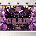 7 x 5 FT Graduation Backdrop - Extra Large Glittering Congrats Grad and Class of 2025 Banner Wall Hanging, Festive Photo Background Booth Prop for Indoor Outdoor Graduation Party Decorations (Purple)