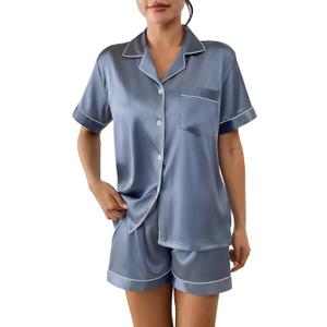 Womens Silk Satin Pajamas Set Short Sleeve Sleepwear Button Down Loungewear Dusty Blue Small