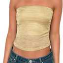 Women Sexy Sheer Mesh Strapless Metallic Crop Tube Tops Y2K Glitter Stretchy Going Out See Through Bandeau Tops (Medium, Gold)