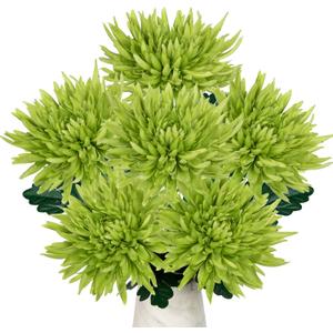 Hollyone 6Pcs Green Artificial Mums Flowers Spring Chrysanthemum Flowers 25.6" Long Stem Faux Spider Mum Flower Large Floral Arrangements Bouquets Fake Pincushion Silk Flower Home Decor
