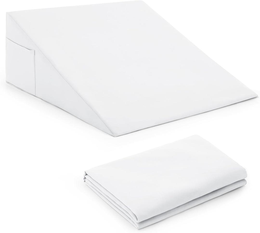Horbaunal White Bed Wedge Pillow Cover with Zipper Design, Wedge Pillowcase Protector with Side Pocket for Storage, 24" L x 24" W x 12" H(Pillow Not Include)