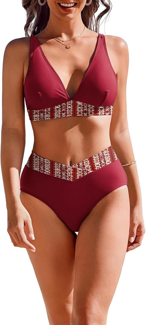 AI'MAGE High Waisted Bikini Set for Women Tummy Control Women's 2 Piece Bathing Suit V Neck Sexy Color Block Swimsuit 2025 (Red)