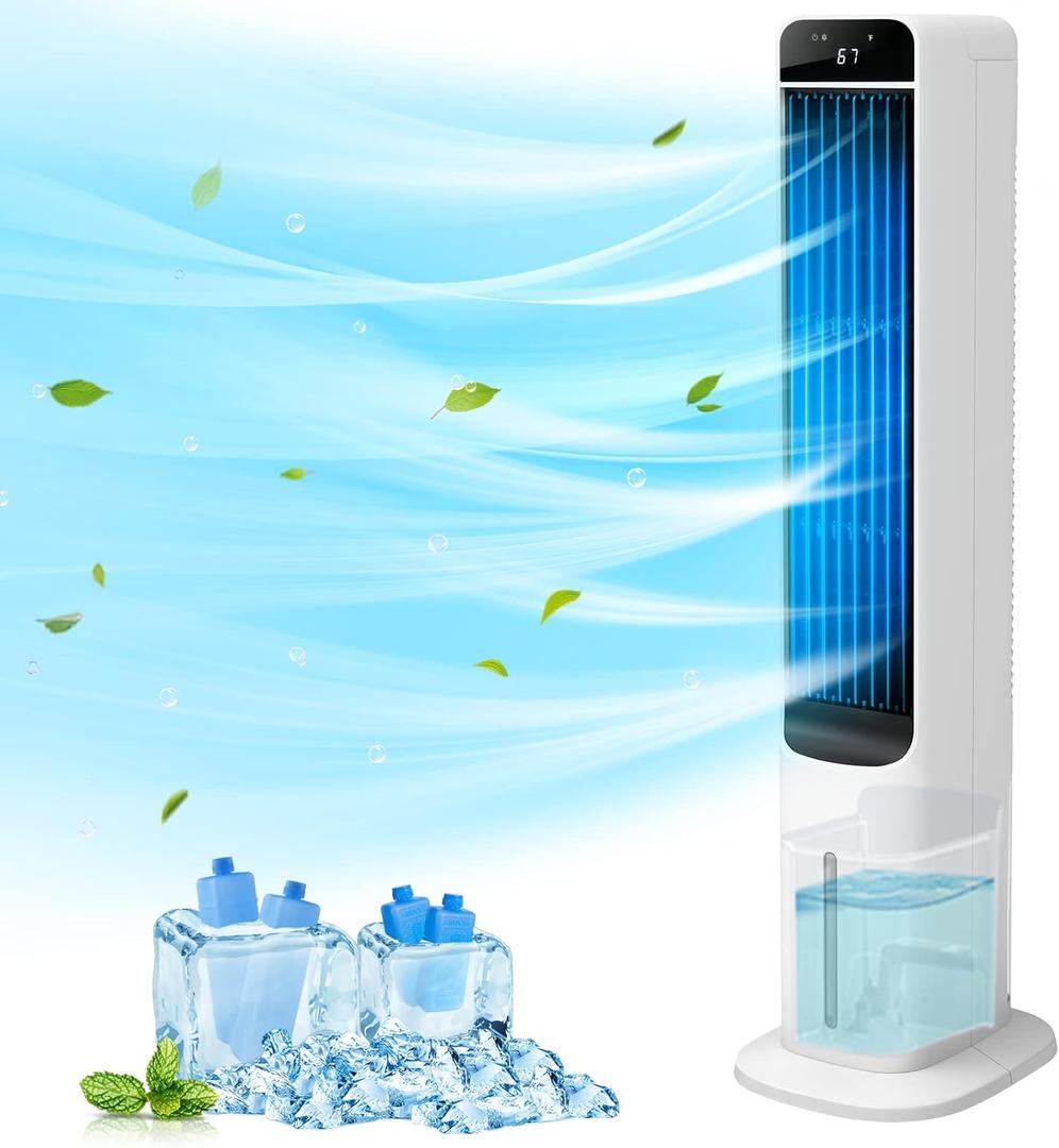 Evaporative Air Cooler - 41" Portable Cooling Fan Swamp Cooler with 4 Ice Packs and Remote, Quiet Bladeless Tower Fan Blow Cold Air, 120 Oscillation 3 Speeds 3 Modes, for Bedroom Home Office (WTF009)