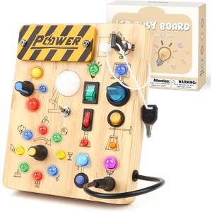 LED Busy Board for Toddlers 1-3,Montessori Sensory Toy with Key Switch and Plug, Light Up Wood Activity Switch Board for Fine Motor Skills, Educational Travel Toy Gift for 1 2 3 Year Old Boys Girls