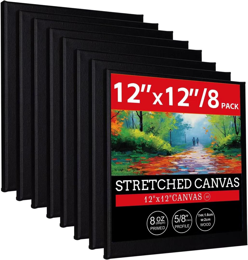 12x12 Stretched Canvases for Painting 100% Cotton Black Painting Canvas, Art Canvases for Oil, Acrylic Paint & Other Painting Media 8 Pack