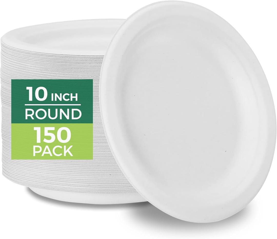 Freshware Paper Plates - Disposable 10" Plate, Biodegradable Sugarcane Fiber Dinner Plates - Heavy Duty Dinnerware for Hot Food - Microwave & Freezer Safe, Stackable Dinnerware - 150-Pack, 10 Inch