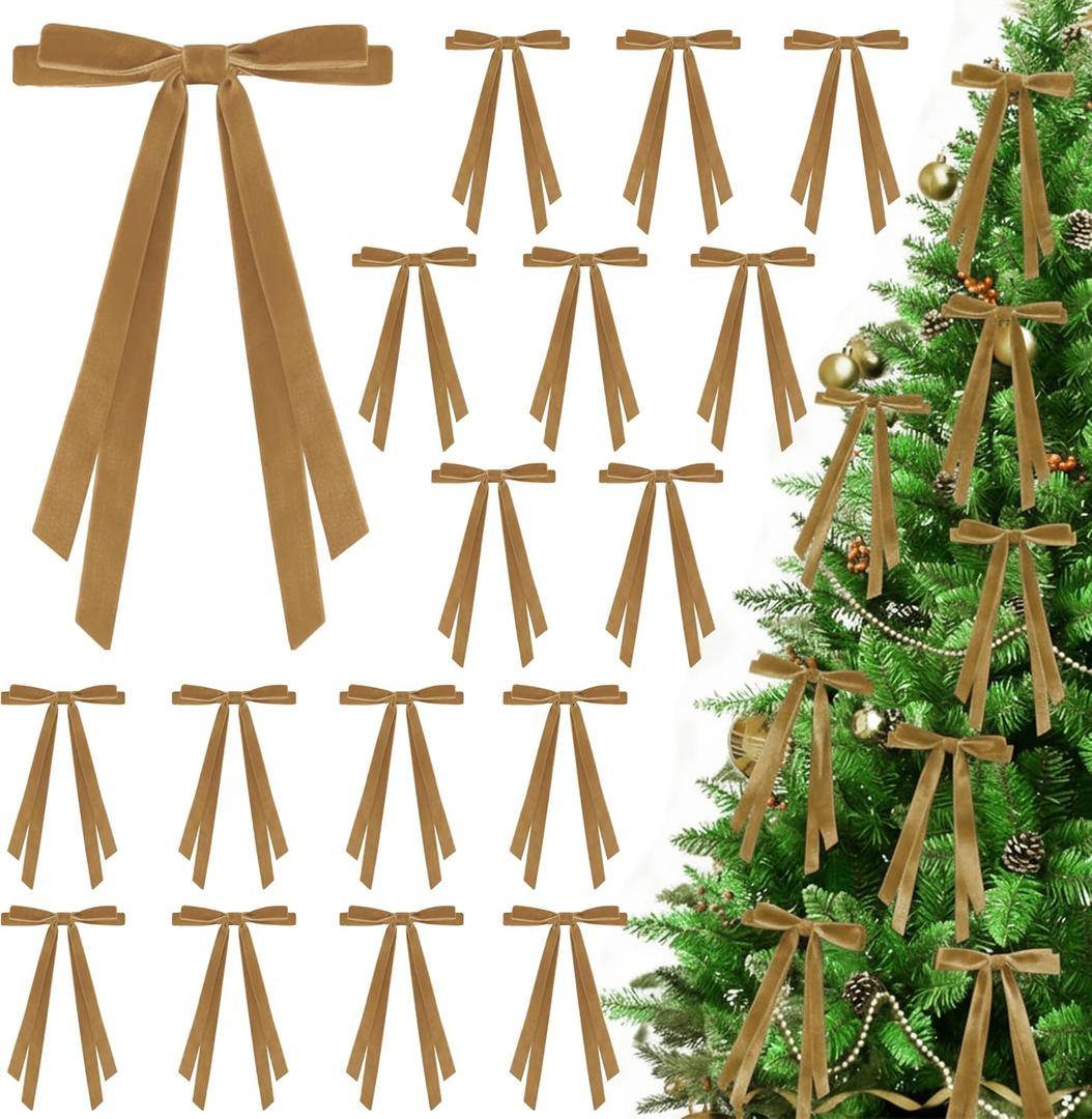 2 x 24 Pcs Christmas Bows for Tree, Light Brown Velvet Ribbon Bow for Christmas Tree, Pre-Tied Vintage Xmas Bows for Xmas Trees Wreaths Gifts Wedding Indoor Outdoor Decorations, 5 x 7 Inch (Camel)