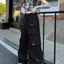 SANGTREE Cargo Pants for Girls Drawstring Waist Y2K Wide Leg Trousers with Pockets, 3-12 Years (6-7 Years, Black)