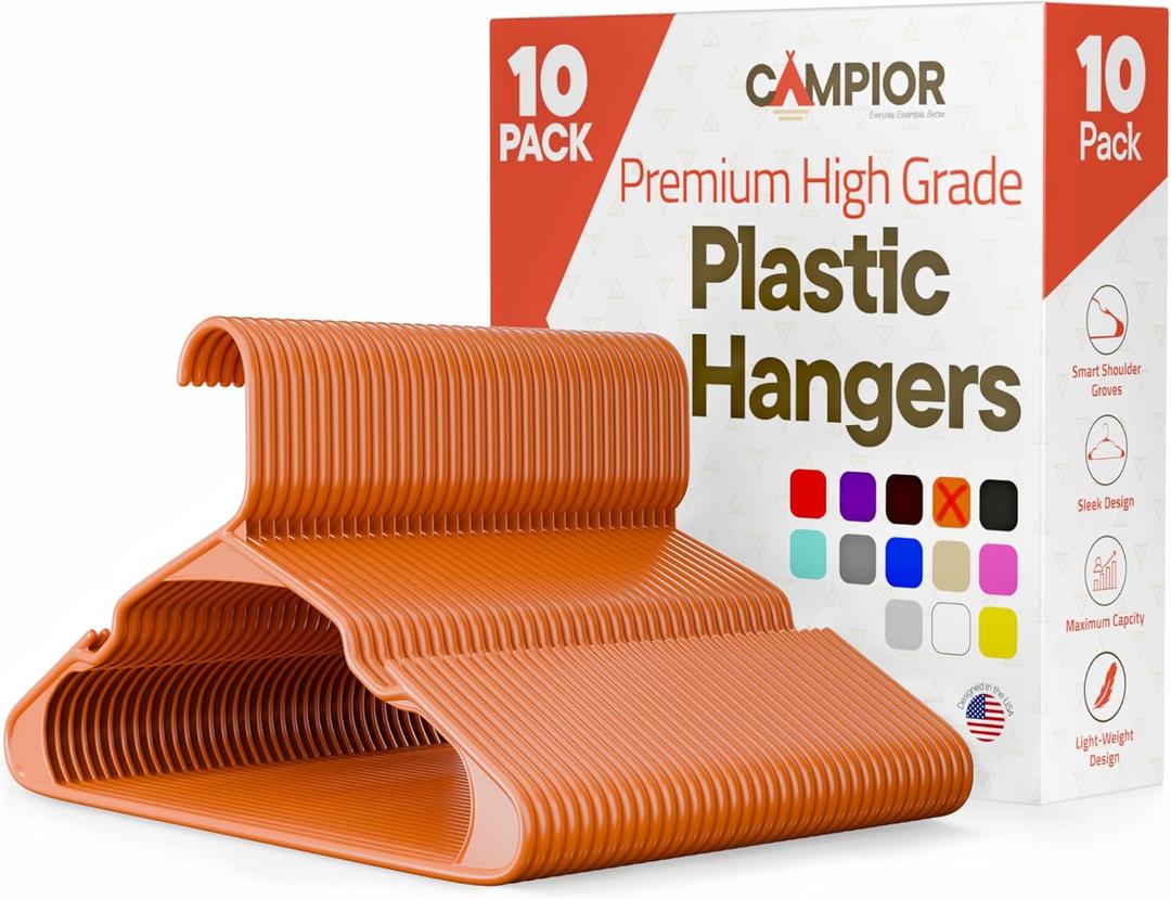 Plastic Clothes Hangers  Heavy Duty Hanger Set, for Organizing Clothes, Dresses, and Coat, Holds Up to 5 lbs, Space-Saving Hangers with Non-Slip Shoulder Grooves, Pack of 10, Orange
