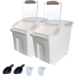 2Pack Airtight Flour Storage Container 25 lb Rice Storage Container with Wheels Seal Locking Lid, Dog Food Containers with Measuring Cup& Scoop for Flour, Rice, Grain, (Pink)