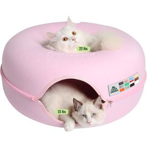 Cat Donut Tunnel Bed for Indoor Cats - Peekaboo Cat Cave, Detachable Felt, Washable, Interactive Play & Cozy Rest Space for Multiple Cats Pink