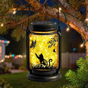 Cat Solar Lanterns, Outdoor Hanging Solar Lantern with Stake, Birthday Gifts for Mom, Grandma, Women Cat Lovers, Black Cat Butterfly Mason Jar Waterproof Lights for Yard Lawn Garden Decor (1 Pack - Cat)