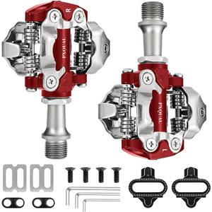 SPD Bike Pedals, 9/16 "Mountain Bike Pedal, Aluminum Alloy Sealed Clipless Pedals Compatible with SPD Type Cleats - Easy Clip in & Out (Red-Dual&Clipless)