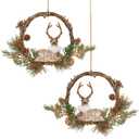 OOOFAYE 2pcs Small Christmas Wreaths for Front Door, 9-inch Mini Wreaths for Cabinets, Kitchen, Window, Golden Reindeer