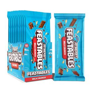 MrBeast Feastables Milk Chocolate Crunch Bar, King Size, 10 Count, Crispy Rice Chocolate Candy, Fairtrade Cocoa, 2.1oz Each (EXP 02/24/27)