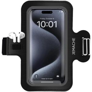 JEMACHE Slim Running Phone Armband for iPhone 17 16 15 14 Pro Max, Samsung Galaxy S26 S25 S24 S23 Ultra/Plus with Earphone Holder (Black, L)