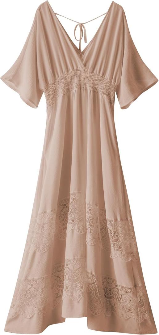 Women's Lace Maxi Dress Short Sleeve V Neck Party Dress Smocked Waist Boho Maxi Dress Bohemian Dress for Women (Khaki)