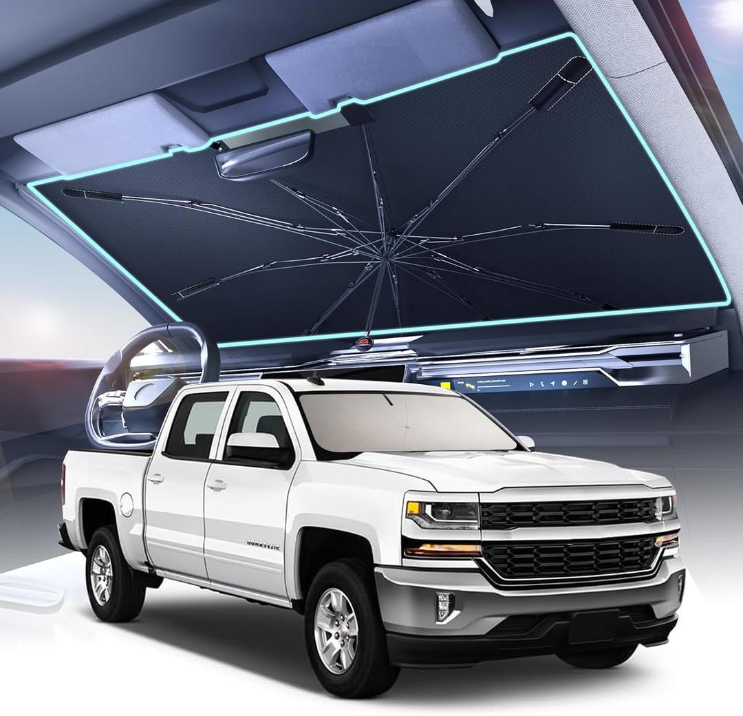 [2025 Upgrade]Coverado Sunshade for Car Windshield, UPF80+ Full-size Trucks/SUVs Windshield Sun Shade Blocks Heat & UV Rays, Thickened Vinyl Coating Keep Cool and Protect Interior, Foldable, L 61x34"
