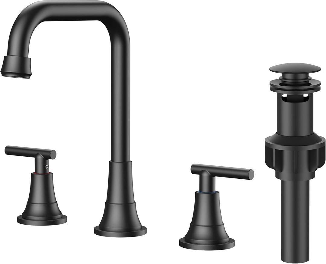 FORIOUS Black Bathroom Faucet for Sink 3 Hole,Widespread Matte Black Bathroom Sink Faucets,2 Handles RV Bathroom Faucets Vanity with Pop Up Drain and Supply Hoses