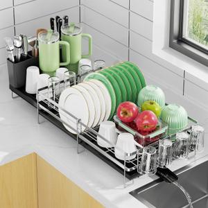 Large Dish Drying Rack, Expandable Dish Rack, Stainless Steel Anti-Rust Dish Racks for Kitchen Counter, Multifunctional Dish Drainer with Utensil Holder & Cup Holder, 13.4"-28.7" L x 11.8" W, 1 Tier