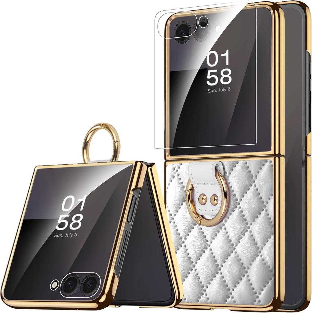 Miimall for Samsung Flip 7 Phone Heavy Duty Case, Screen Protector & Ring Military Grade Anti-Fingerprint Shockproof Dropproof Women Protective Fundas para Case for Galaxy Z Flip 7 2025 Cover, White