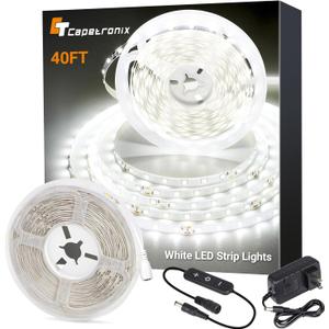 CT CAPETRONIX White LED Strip Light, 40 Feet 24 Volt LED Light Strip White, 6000K-6500K Daylight Super Bright LED Tape Light for Bedroom, Kitchen, Closet, Cabinet, Mirror, Indoor（Dimmer Included）