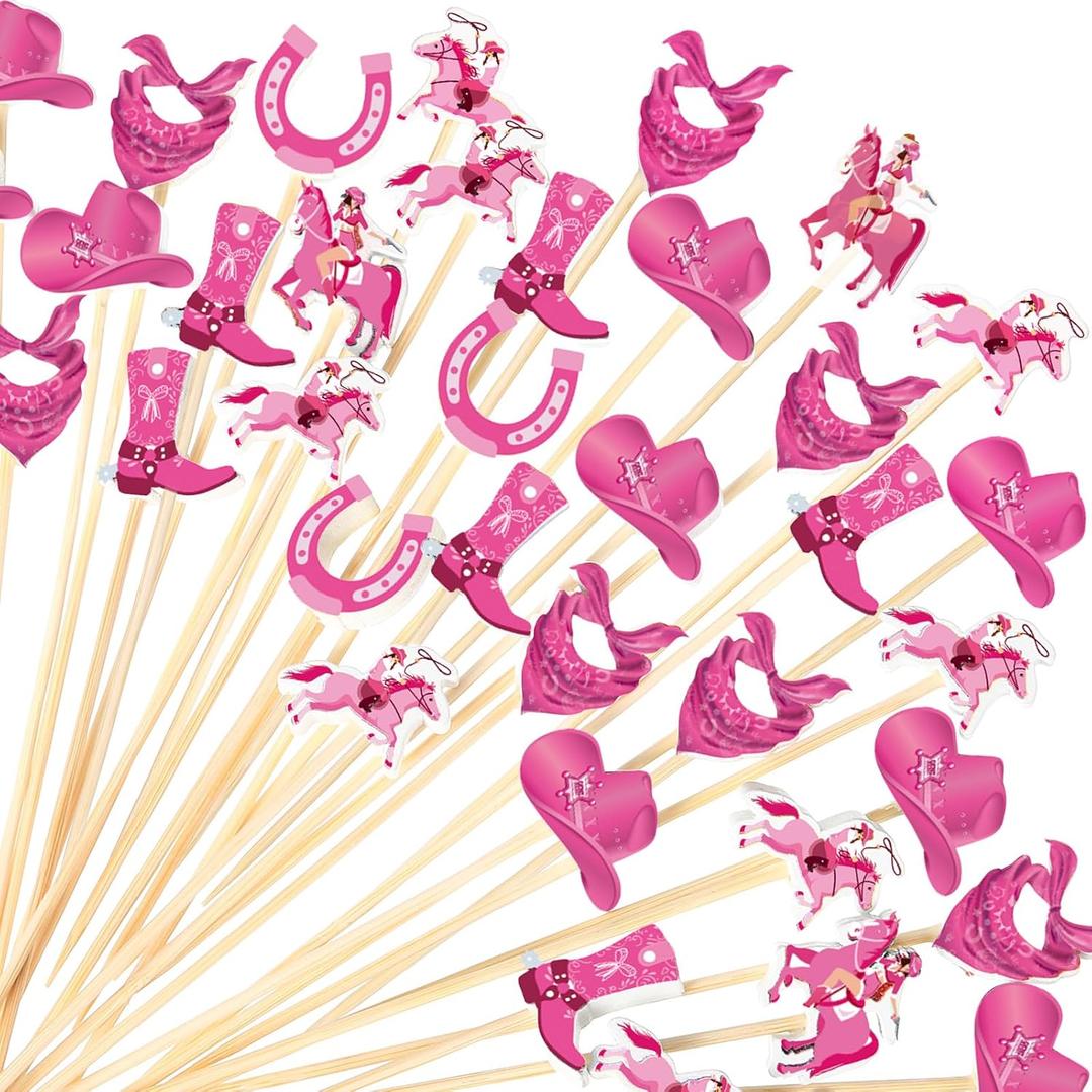 Didaey 100 Pcs Cowboy Cocktail Picks Cowgirl Toothpicks for Appetizers Bamboo Cocktail Skewers Wild West Food Picks Drinks Dessert Sticks Cupcake Toppers for Horse Western Theme Party(Cowgirl)