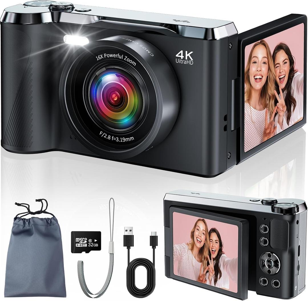 Digital Camera 2026 Upgrade for Photography, Video & YouTube | 56MP Autofocus Vlogging Camera with 3-Inch 180° Flip Screen, 16X Zoom, Built-in Flash, Compact Travel Camera with 32GB SD Card for Kids