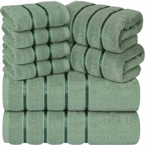 Luxury Towels for Bathroom Set of 8-2 Bath Towels 2 Hand Towels 4 Washcloths - 600 GSM 100% Cotton Ring Spun Viscose Border Towels Set - Sage Green