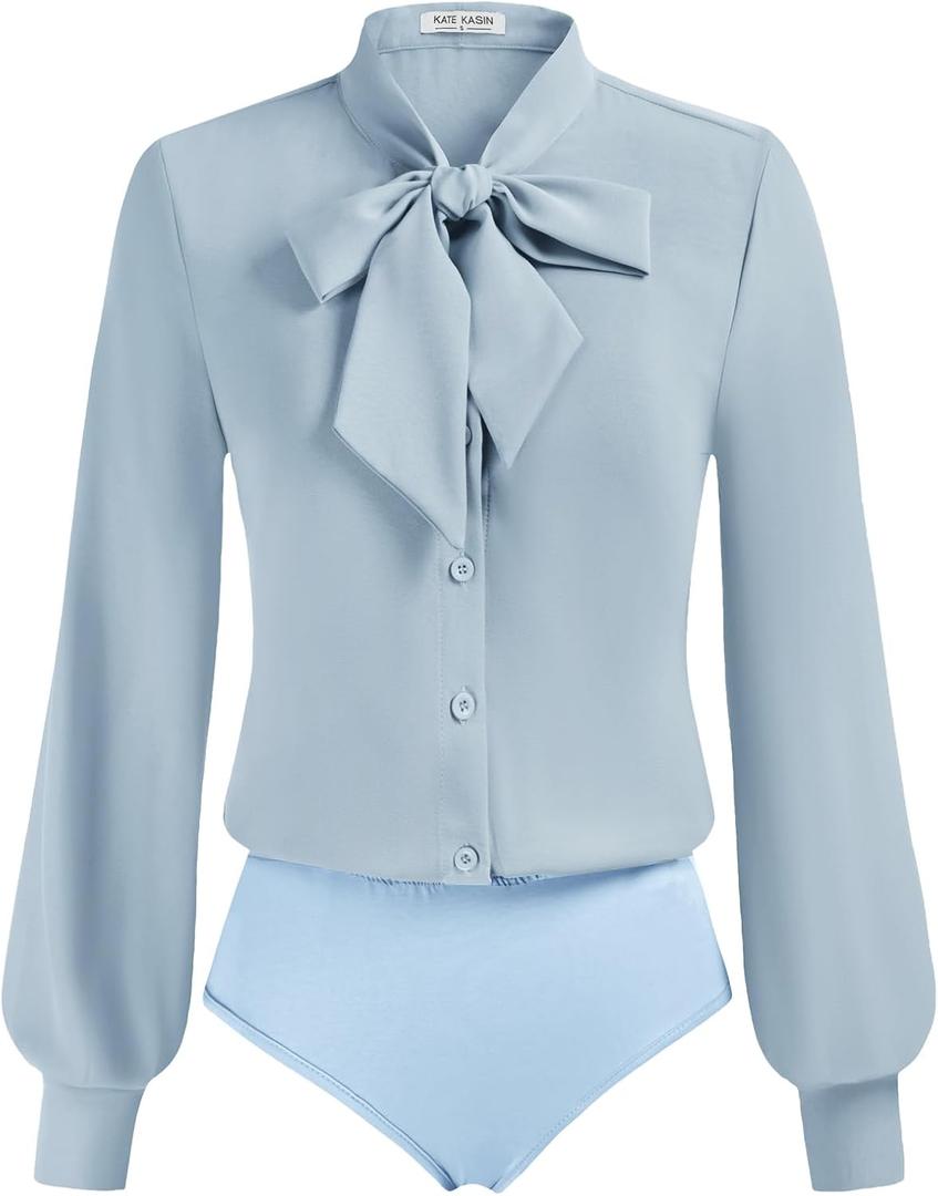 Kate Kasin Women Bow Tie Neck Office Blouse Button Down Long Sleeve Bodysuits Blouse Top (Small, Gray Blue)