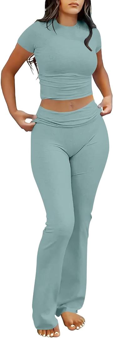 ANRABESS Lounge Sets for Women 2 Piece Foldover Yoga Flare Leggings Pants Crop Tops Casual Y2K Outfits Matching Tracksuit Set (Small, Lake Green)
