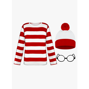 Kids Halloween Costumes, Red and White Striped Shirts, Kids Halloween Shirts Hat Glasses Set for Costume Cosplay 10-12 Years Old 
