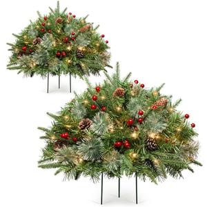 Somikis Set of 2 Outdoor Christmas Tree Urn Filler, Battery Operated Pre-lit Artificial Small Xmas Tree, w/LED Lights and Pine Cones & Red Berries, 22 Inch (1ft 10in)
