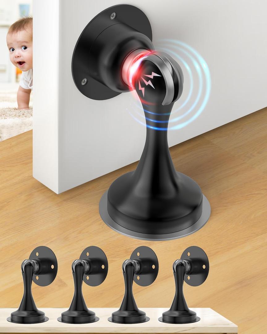 Door Stoppers, Magnetic Door Stop 4 Pack Adhesive Stick & Screws Stainless Steel, Door Stop Holder to Keep Door Open Wall & Floor Mount, Magnetic Door Catch Stoppers for Bottom of Door, Black