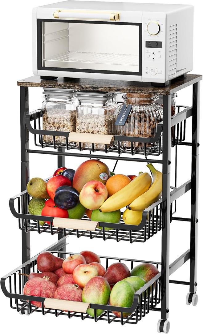 JAQ Fruit Vegetables Carts, 4Tier Slide Out Metal Storage Baskets Stand Organizers with Wood Top and Handle on Rolling Wheels for Onions in Kitchen Pantry Fruteros para Cocina (Black, 4 Layer)