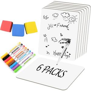 6 Pack Small White Board Dry Erase Classroom Pack Boards 9" x12 Personal Whiteboards for Students Teachers School Supplies Lapboards Mini Whiteboard Erasers Included Colors pens