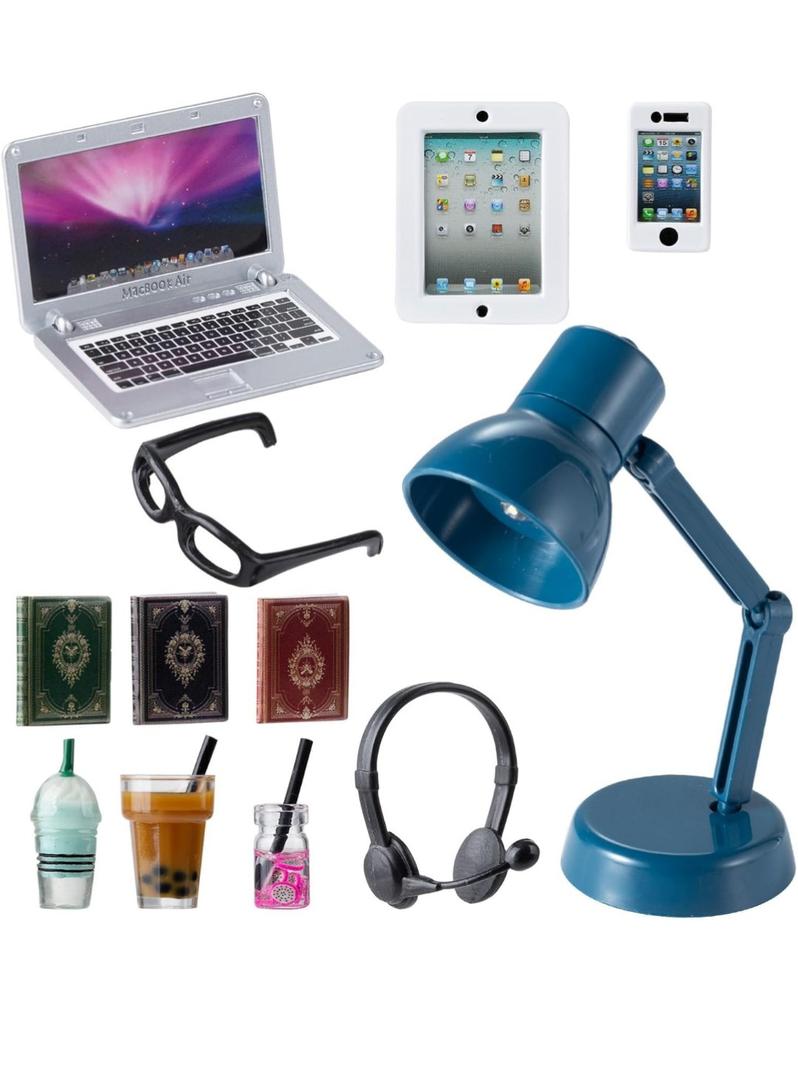 12Pcs Dollhouse Miniature Laptop Computer Tablet Phone Lamp Book Glasses Coffee Headset Simulation Accessories 1/12 1/6 Toy Pad Play Set Fits Barbie Doll Girl Mini Drink Party Office (Bule)