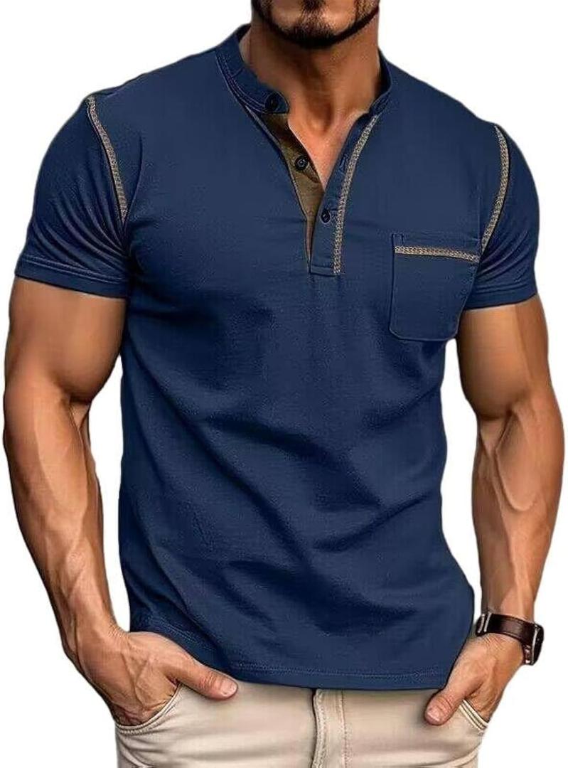 Men's Henley Shirts Short/Long Sleeve Casual Cotton T-Shirt Classic Button Basic Stylish Tees Tops (Blue, M)