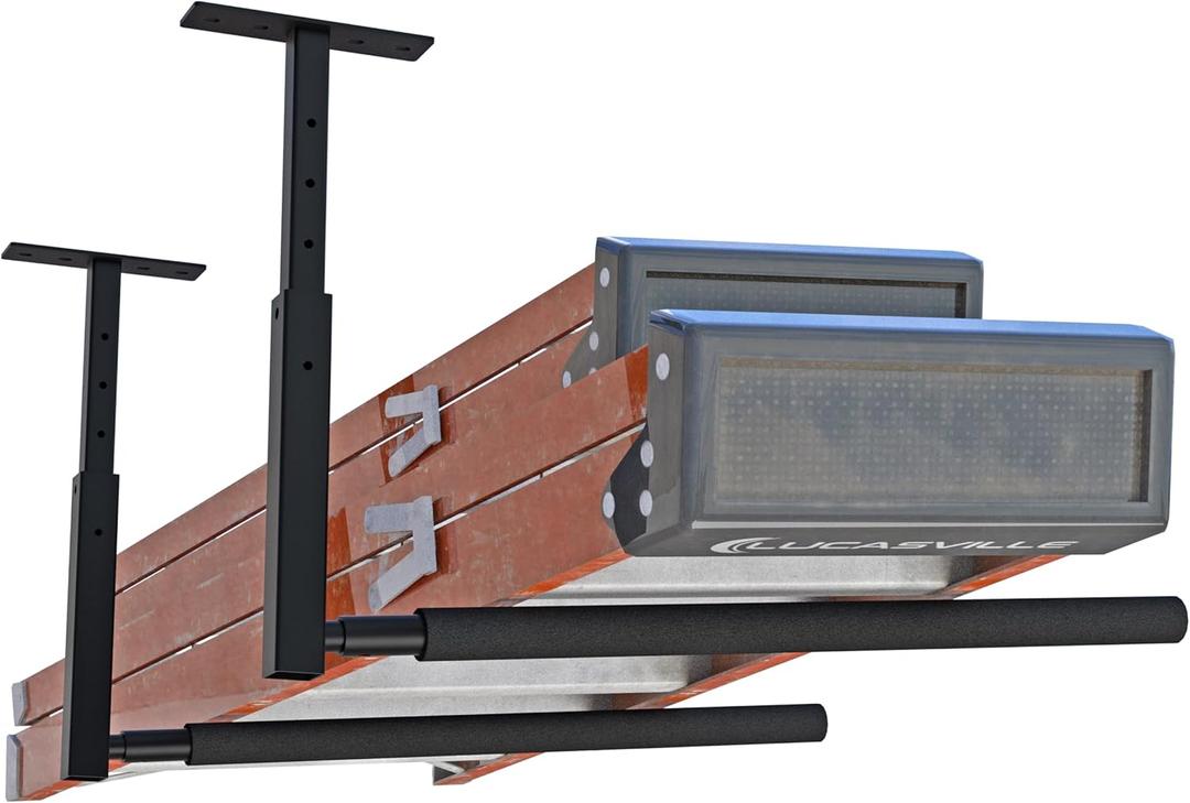 Adjustable Ladder Ceiling Rack, Kayak Overhead Garage Storage Rack, Garage Ceiling Storage for Kayak, Ladder, Surfboard, Snowboar Overhead Hanger, Holds 150 lbs, Black