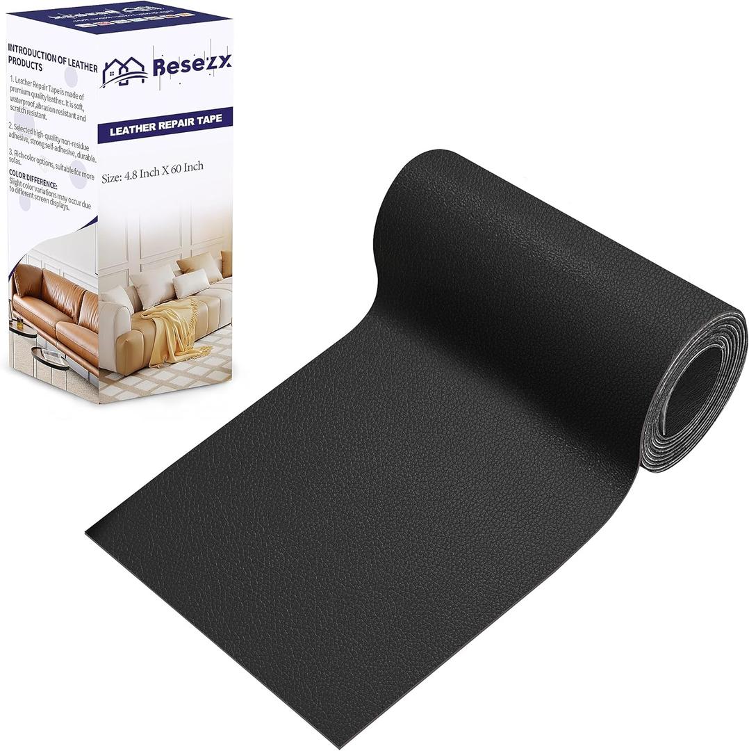 Besezx Leather Repair Patch Tape Kit, Self Adhesive Leather Repair for Furniture, Couch, Sofa, Car Seats,Office Chair,Vinyl Repair Kit.4.8inx60in (Black-Litchi Grain)