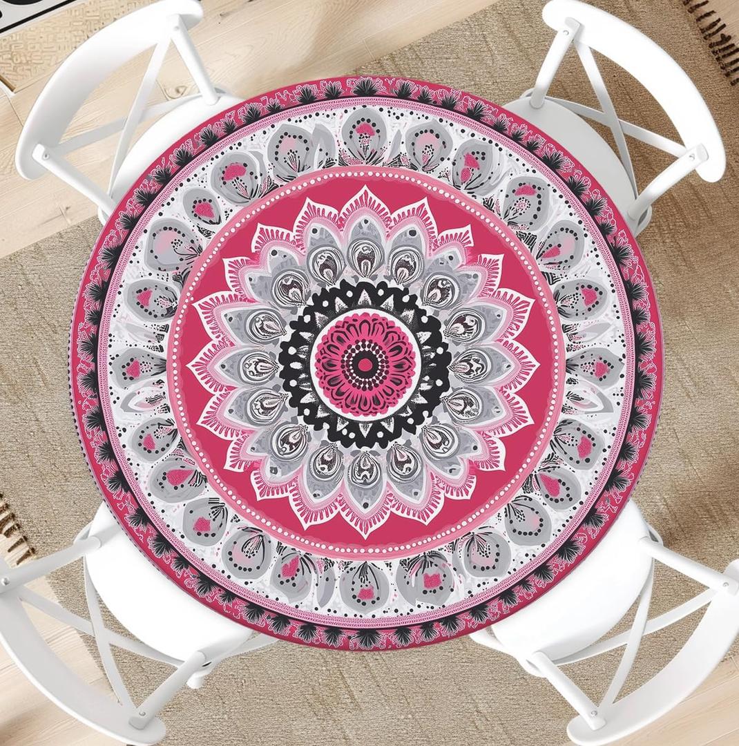 Waterproof Tablecloth with Elastic Tablecloth for Round Tables 36"-70" for Indoor Outdoor Patio Use, 52Inch, Pink and Grey Ethnic Folk Style
