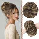 FESHFEN Large Messy Bun Hair Piece - Wavy Synthetic Chignon Scrunchies Elastic Ponytail Hair Extensions Thick Hairpieces for Women, Dark Brown & Champagne Blonde 1.94oz