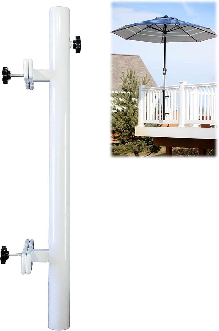 Patio Umbrella Holder Easy Installation - Space Saving Umbrella Holder Design - Outdoor Umbrella Base and Mount - Attaches to Railing Maximizing Outdoor Patio Space and Shade, White