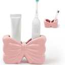 Bow Toothbrush Holder, Pink Ceramic Multi-Purpose 2-Section Organizer for Bathroom, Kitchen, Bedroom, Office Decor