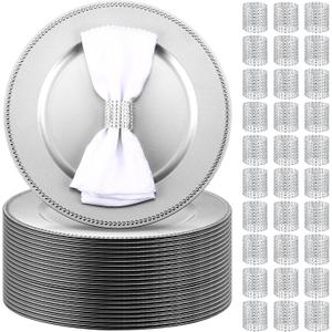 Tanlade Silver 200 Pcs Charger Plates Set Bulk with Napkin Rings 100 Plastic 13 Inch Round Beaded Charger Plates 100 Mesh Diamond Napkin Holder for Wedding Party Dinner Table Setting, Beaded Style