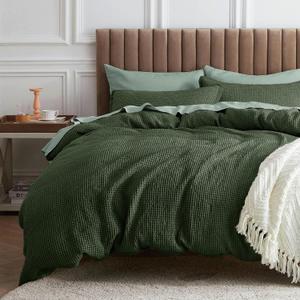 Bedsure Waffle Comforter Set Queen, Olive Green Soft Cotton Bedding, Waffle Weave Bed Set, 3 Pieces, 1 Comforter (90"x90") and 2 Pillow Shams, Premium Cotton Cover with Polyester Fill for All Seasons