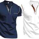 2 x T-Shirt Men's 1/4 Zip Stand-Up Collar T-Shirts Slim T-Shirt with Chest Pockets Plain Short Sleeve Pullover Lightweight Leisure Tops Comfortable Summer Sports Short Sleeve Shirt Regular Fit Running (White, XL)